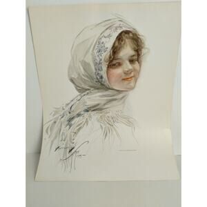 Harrison Fisher Girl in WHITE SCARF 1909 Antique Art Deco Print